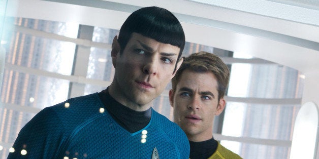 This undated publicity film image released by Paramount Pictures shows, Zachary Quinto, left, as Spock and Chris Pine as Kirk