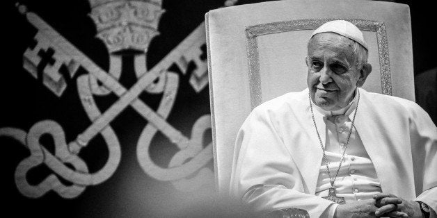 VATICAN CITY, VATICAN - DECEMBER 22: (EDITORS NOTE: This images was processed using digital filters) Pope Francis exchanges Christmas greetings with the Roman Curia at the Clementina Hall on December 22, 2014 in Vatican City, Vatican. (Photo by Franco Origlia/Getty Images)