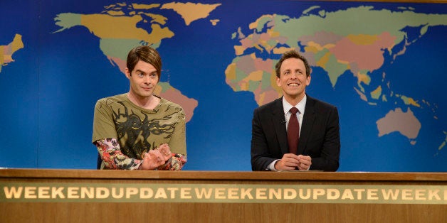 SATURDAY NIGHT LIVE -- 'Bruno Mars' Episode 1625 -- Pictured: (l-r) Bill Hader, Seth Meyers -- (Photo by: Dana Edelson/NBC/NBCU Photo Bank via Getty Images)