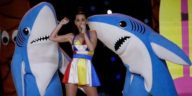 Singer Katy Perry performs during halftime of NFL Super Bowl XLIX football game between the Seattle Seahawks and the New England Patriots Sunday, Feb. 1, 2015, in Glendale, Ariz. (AP Photo/David J. Phillip)