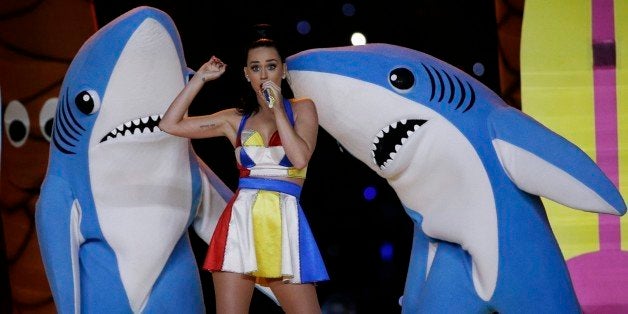 Singer Katy Perry performs during halftime of NFL Super Bowl XLIX football game between the Seattle Seahawks and the New England Patriots Sunday, Feb. 1, 2015, in Glendale, Ariz. (AP Photo/David J. Phillip)