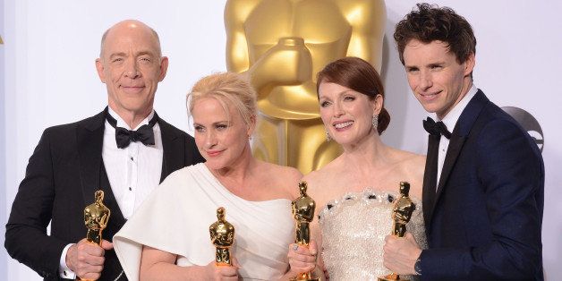 HOLLYWOOD, CA - FEBRUARY 22: (L-R) Actors J.K. Simmons, with the award for best actor in a supporting role for 'Whiplash', Patricia Arquette, with the award for best actress in a supporting role for 'Boyhood', Julianne Moore, with the award for best actress for 'Still Alice' and Eddie Redmayne, with the award for best actor for 'The Theory of Everything' pose in the press room during the 87th Annual Academy Awards at Loews Hollywood Hotel on February 22, 2015 in Hollywood, California. (Photo by C Flanigan/Getty Images)