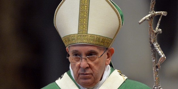 Pope Francis leads a mass on February 15, 2015 at St. Peter's basilica in Vatican. Pope Francis announced yesterday that he will elevate four women to sainthood in May, all nuns who lived in the 19th century and founded Catholic orders -- one French, one Italian and two Palestinians. The canonisation will take place on May 17, the pope announced at the end of a consistory, or a meeting of cardinals, at the Vatican. AFP PHOTO / ANDREAS SOLARO (Photo credit should read ANDREAS SOLARO/AFP/Getty Images)