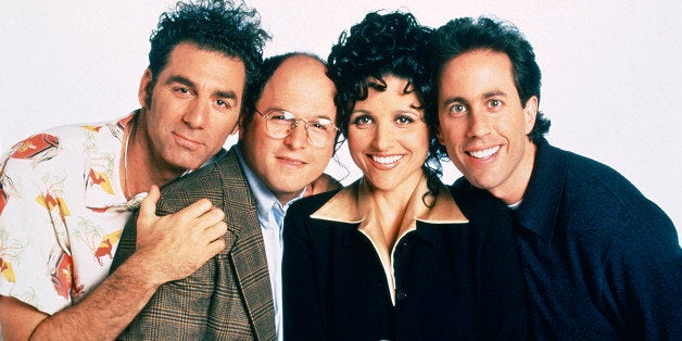 SEINFELD -- Season 9 -- Pictured: (l-r) Michael Richards as Cosmo Kramer, Jason Alexander as George Costanza, Julia Louis-Dreyfus as Elaine Benes, Jerry Seinfeld as Jerry Seinfeld (Photo by Andrew Eccles/NBC/NBCU Photo Bank via Getty Images)