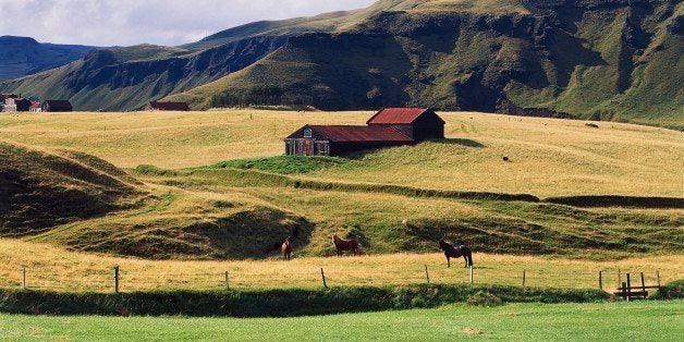 ICELAND - MAY 05: Farm with horses grazing, Kirkjubaejarklaustur, Vestur-Skaftafell, Iceland. (Photo by DeAgostini/Getty Images)