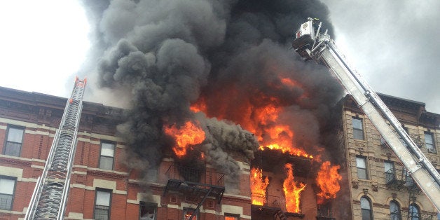 Building at 121 Second Avenue in East Village, near Seventh Street collapsed after it was rocked by a blast and a fierce fire that sent black smoke into the sky.(Photo By: Todd Maisel/NY Daily News via Getty Images)