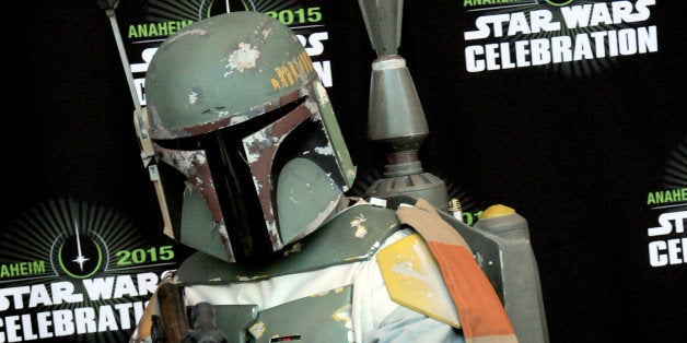 ANAHEIM, CA - APRIL 16: Cosplayer dressed as Bounty Hunter Boba Fett on Day Four of Disney's 2015 Star Wars Celebration held