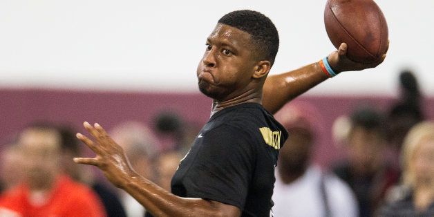 Jameis Winston passes during Florida State football pro day in Tallahassee, Fla., Tuesday, March 31, 2015. (AP Photo/Mark Wallheiser)