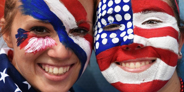 MONTREAL, QC - JUNE 30: The painted faces of a fans of USA prior to the FIFA Women's World Cup Semi Final match between USA and Germany at Olympic Stadium on June 30, 2015 in Montreal, Canada. (Photo by Stuart Franklin - FIFA/FIFA via Getty Images)