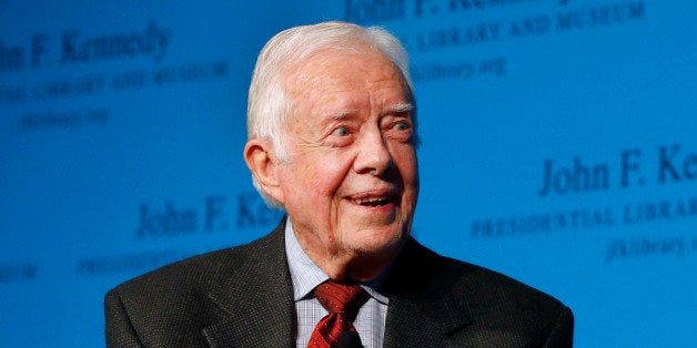 Former President Jimmy Carter speaks during a forum at the John F. Kennedy Presidential Library and Museum in Boston, Thursda