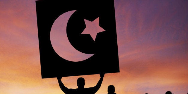 arab spring protestors in silhouette with crescent moon and star sign, square frame (XXXL)