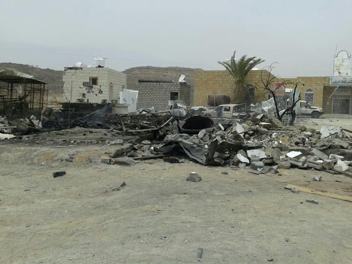 The damage after a missile struck a gas station near the entrance to Kitaf rural hospital 100 km from the city of Saada, Yeme