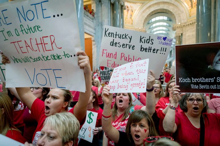 Kentucky teachers swarmed the state capitol in Frankfort in April 2018 to protest pension plan legislation and school budget cuts.