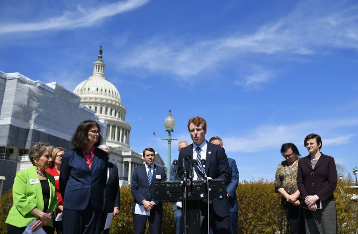 Rep. Joe Kennedy III (D-Mass.) speaks at a press conference outside the Capitol Thursday on the resolution he sponsored that oppose the Trump's administration's ban on transgender people serving in the U.S. armed forces. The measure passed, but it's purely a symbolic gesture.