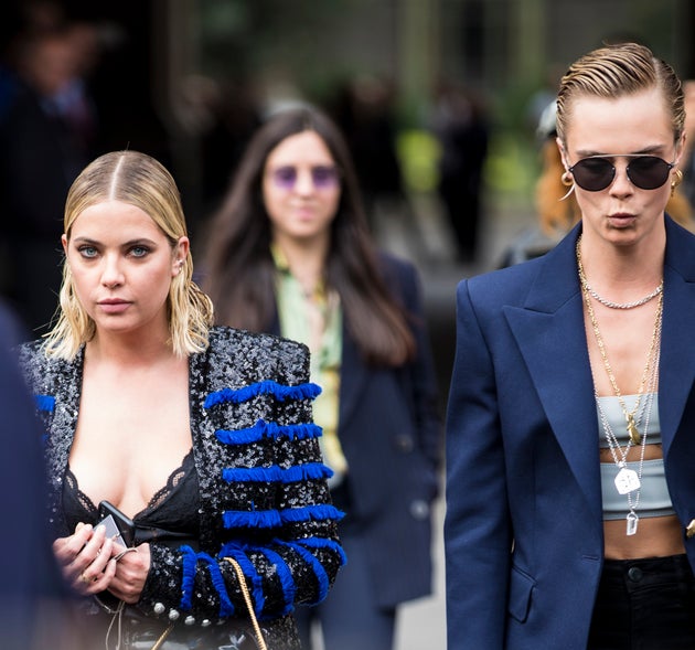 Delevingne and actress Ashley Benson after a Balmain fashion show in Paris, Sept. 28, 2018. They have...