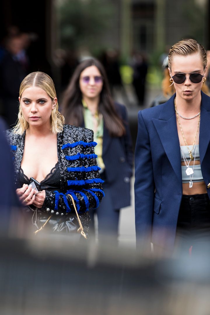 Delevingne and actress Ashley Benson after a Balmain fashion show in Paris, Sept. 28, 2018. They have been linked but have not publicly confirmed they are dating.