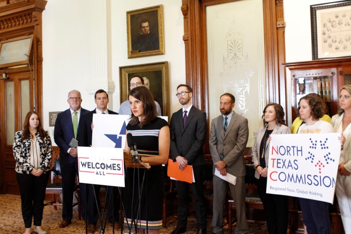 Jessica Shortall, the managing director of Texas Competes, voices opposition to the discriminatory bills at the March 27 pres