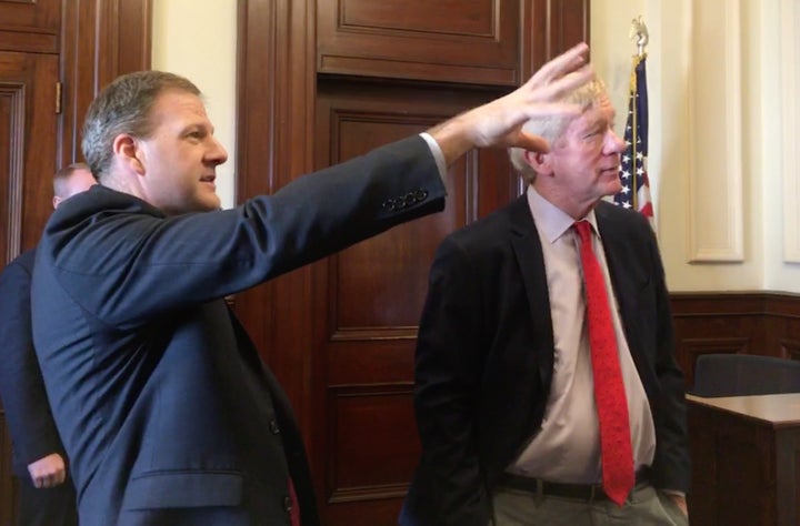 Former Massachusetts Gov. Bill Weld visits with New Hampshire Gov. Chris Sununu as he gears up to challenge President Donald Trump in the GOP primaries.