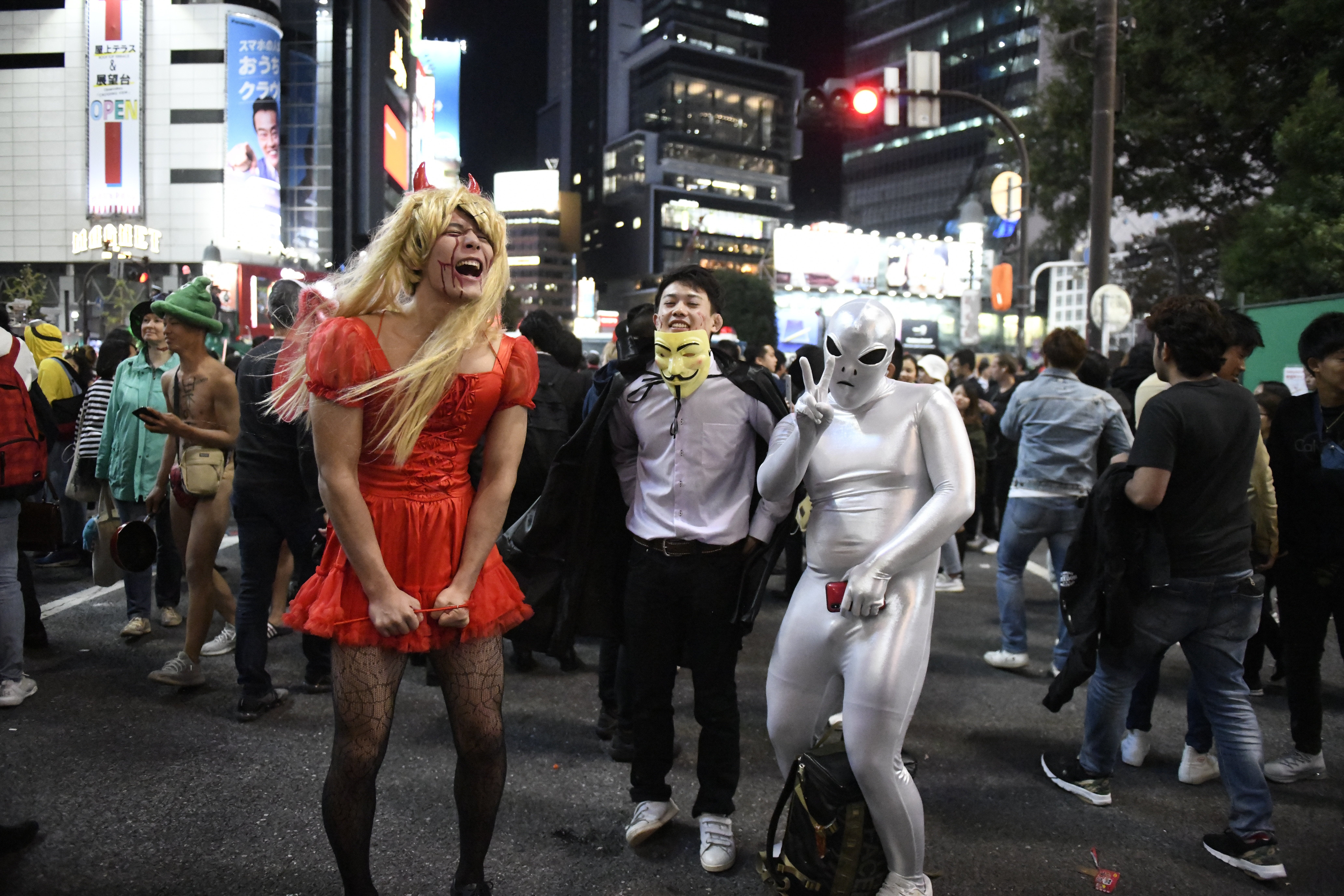Revellers dressed in Halloween costumes gather at Shibuya crossing at Halloween night on October 31, 2018, Tokyo, Japan. (Photo by Richard Atrero de Guzman/NurPhoto via Getty Images)