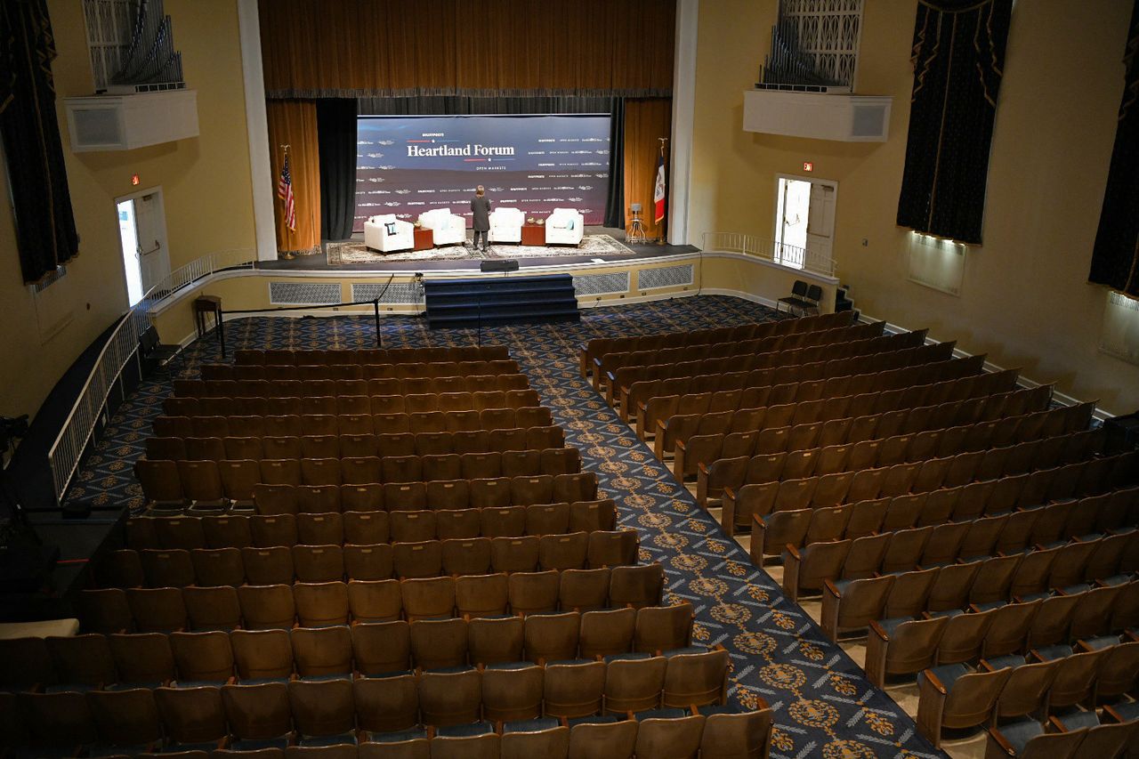 The stage is readied before the Heartland Forum event at Buena Vista University in Storm Lake, Iowa.