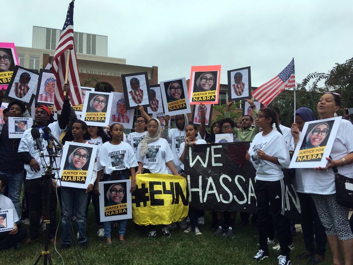 About 200 friends and supporters of Hassanen rally at the Fairfax County Courthouse at a pretrial hearing for Darwin Martinez-Torres on Oct. 13, 2017.