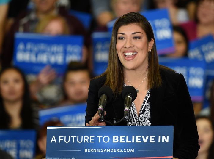 Former Nevada Assemblywoman Lucy Flores speaks at rally in Las Vegas for Sen. Bernie Sanders (I-Vt.) in February 2016. Flores has not endorsed Sanders -- or any other candidate -- in the 2020 presidential race.