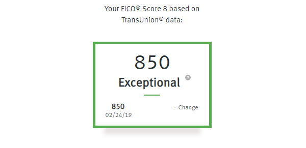 A screenshot of Alden's FICO score, which is based on TransUnion credit reporting data and provided by Discover as a customer benefit.