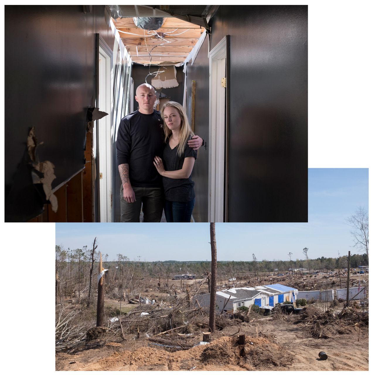 (Top) Chance Norton and her fiance, Phillip Bell. (Bottom) The view overlooking the community along Lee Road 38 in eastern Alabama that was battered by the tornado.