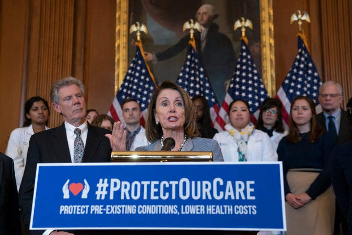 If the Affordable Care Act is struck down entirely, Congress will face an impossible task: pass a comprehensive health overhaul to replace it that both Speaker Nancy Pelosi (D-Calif.), above, and President Donald Trump can agree to. On March 26, 2019, Pelosi and Energy and Commerce Committee Chair Frank Pallone (D-N.J.), left, announced legislation to lower health care costs and protect people with pre-existing medical conditions.