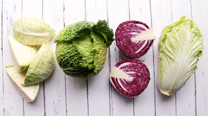 Left to right: Green cabbage, savoy cabbage, red cabbage and napa cabbage