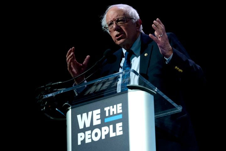 Sen. Bernie Sanders (I-Vt.) speaks at the We the People summit in Washington on Monday. His campaign announced high fundraising numbers.