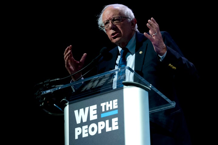 Sen. Bernie Sanders (I-Vt.) speaks at the We the People summit in Washington on Monday. His campaign announced high fundraisi