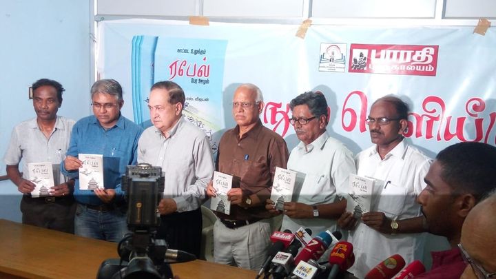 P K Rajan, Editor (Publication) of Bharathi Puthakalayam (second from left) along with N Ram, Chairman, The Hindu Group of Publication (third from left) at the release of 'Rafale: The Scam That Shook The Nation' on Tuesday night. The book was released within hours of its copies having been seized by a "flying squad" of the Election Commission. 