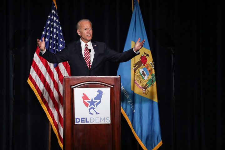 Former Vice President Joe Biden delivers remarks at the First State Democratic Dinner in Dover, Delaware last month.
