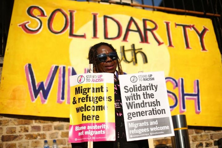 A protester at a Windrush scandal demonstration.