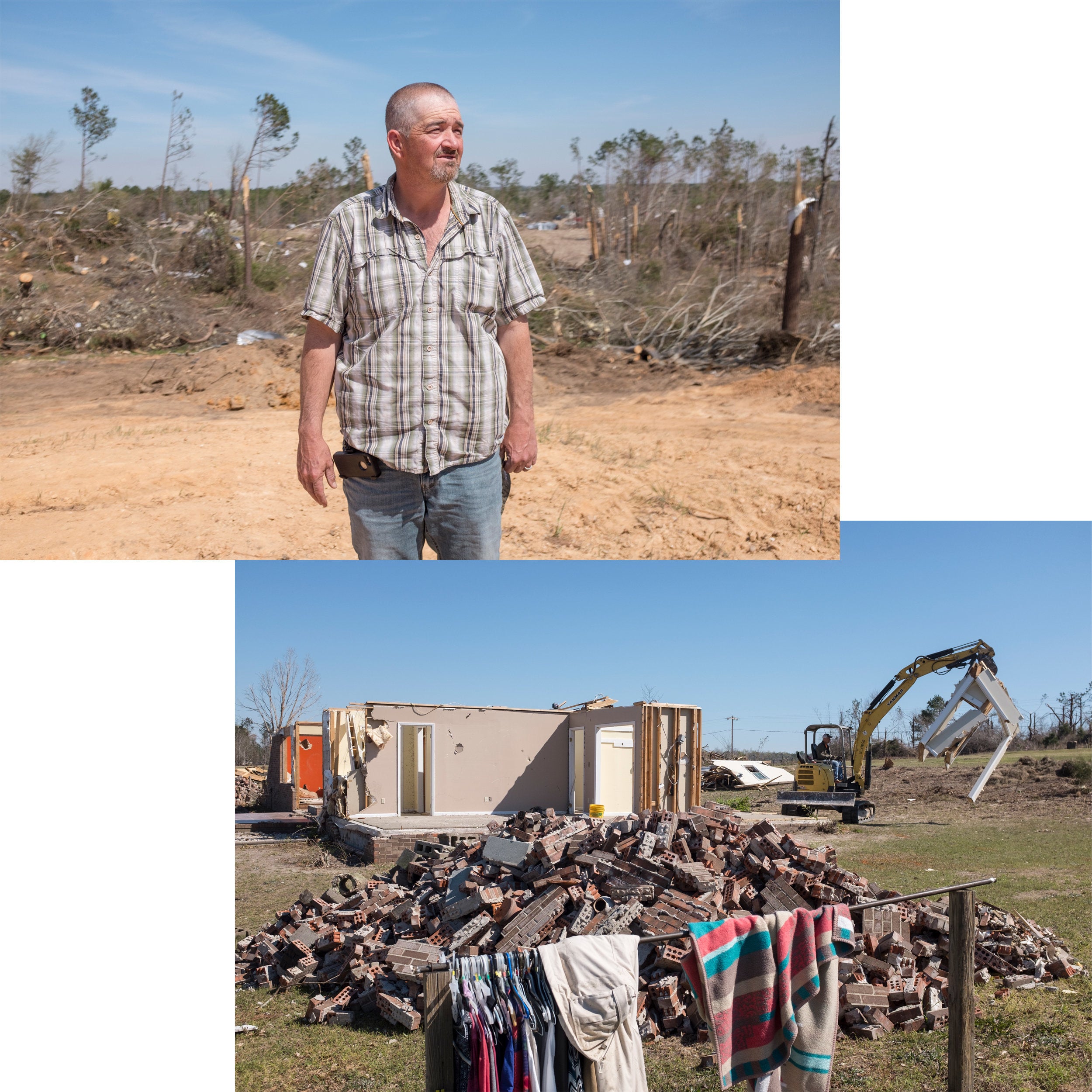 (Top) Joseph Vernon stands where his house once sat along Lee Road 38. (Bottom) The remnants of another home torn apart