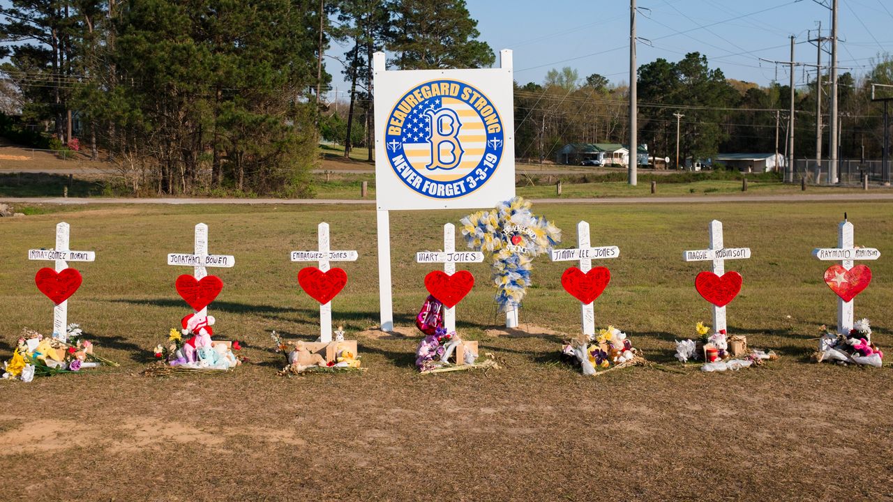 Seven of the 23 crosses that stand in memory of those killed in the deadliest storm in Lee County, Alabama, since 2013.