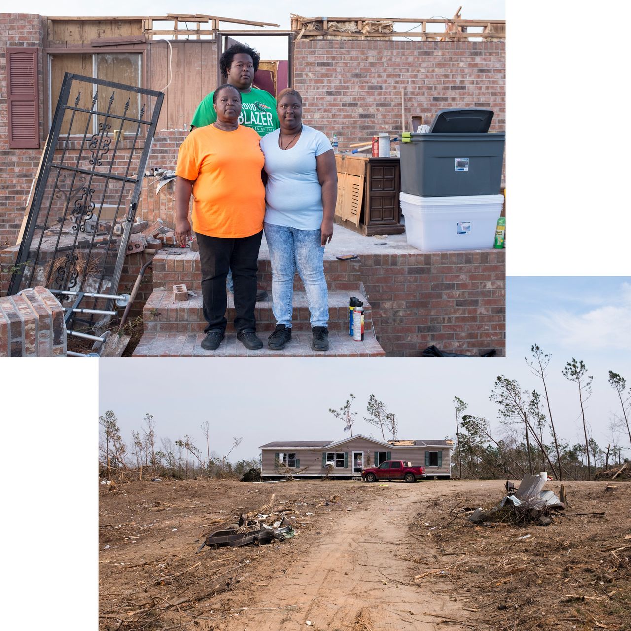 (Top) Rik Tate, in the back, stands with his mother, Brenda Tate, and sister, Tiy Aus Dia Tate, outside of their home that was damaged during last month's tornado-producing storm. (Bottom) A home off of Lee Road 38 was moved from its foundation and heavily damaged by the tornado.