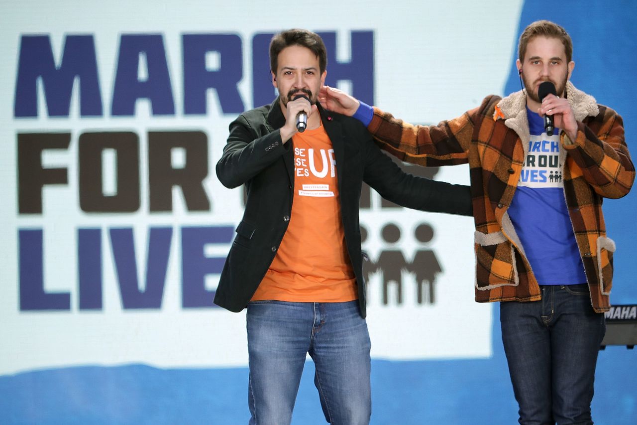 Platt (right) performs with "Hamilton" creator and star Lin-Manuel Miranda at the March for Our Lives in 2018. 