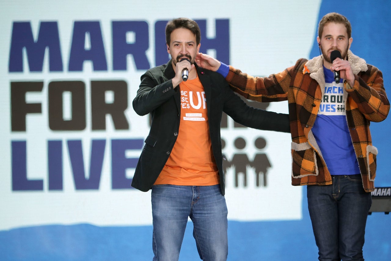 Platt (right) performs with "Hamilton" creator and star Lin-Manuel Miranda at the March for Our Lives in 2018.