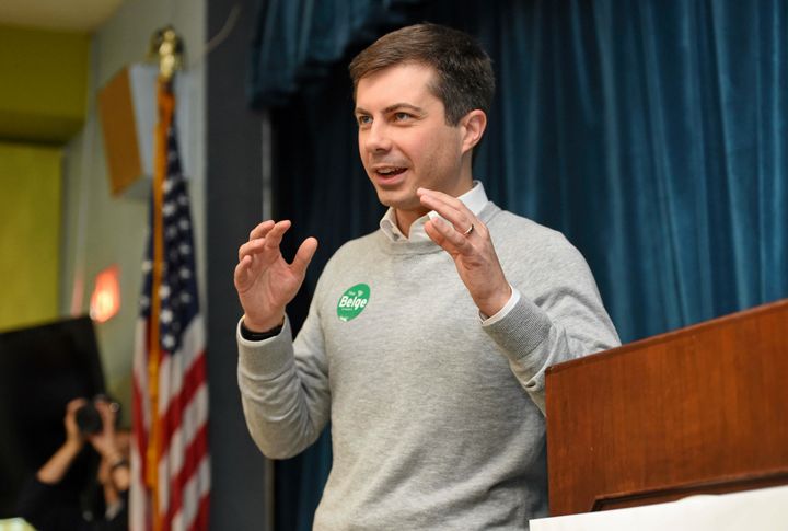 South Bend Mayor Pete Buttigieg speaks to a crowd in Greenville, South Carolina, on Saturday, March 23, 2019. 