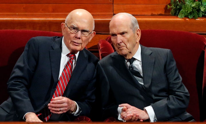 President Russell M. Nelson, right, and his first counselor, Dallin H. Oaks, left, speak during a conference of The Church of Jesus Christ of Latter-day Saints Saturday, Oct. 6, 2018, in Salt Lake City.