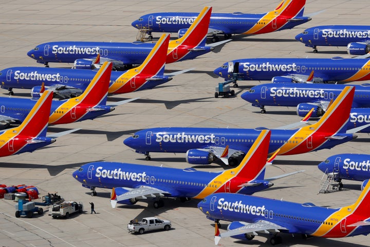 A number of grounded Southwest Airlines Boeing 737 Max 8 aircraft are shown parked at Victorville Airport in Victorville