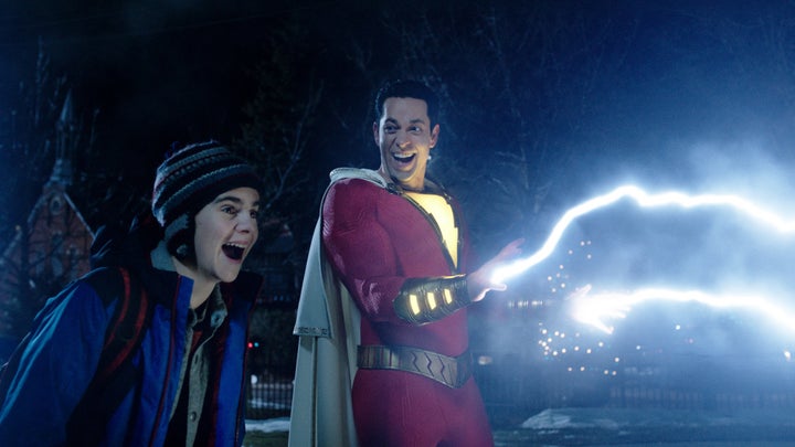 Jack Dylan Grazer as Freddy Freeman and Zachary Levi as Shazam in “Shazam!”