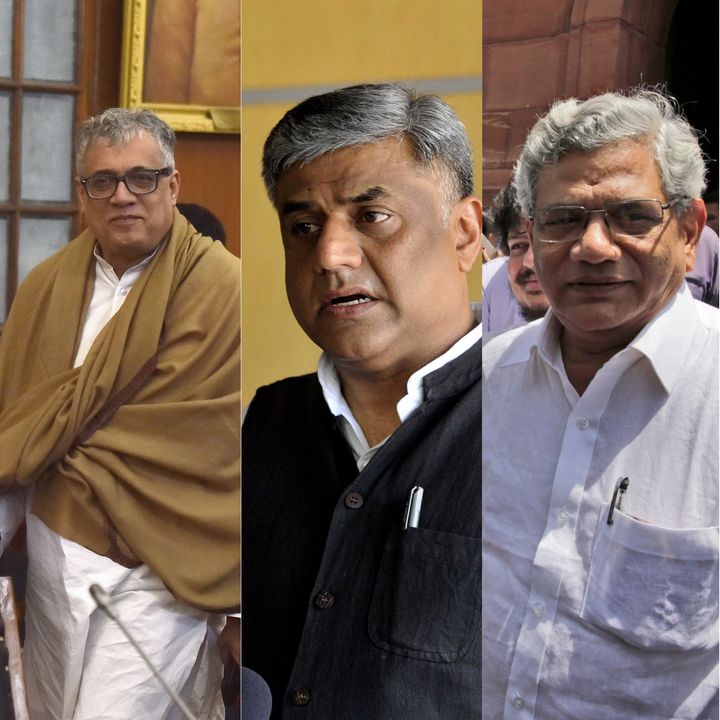 From Left: Trinamool Congress' Rajya Sabha Parliamentary Party Leader Derek O Brien, Congress party's Research Department Chief Rajeev Gowda (middle) and General Secretary of the Communist Party of India (Marxist) Sitaram Yechury. All three leaders condemned the ABM and BJP's activities.