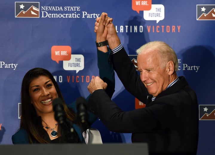 Democratic candidate for lieutenant governor and current Nevada Assemblywoman Lucy Flores (D) is seen introducing Biden at a