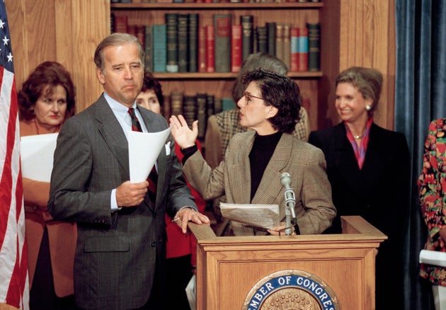 Sen. Barbara Boxer (D-Calif.), second from right, gestures toward Sen. Biden during a news conference...