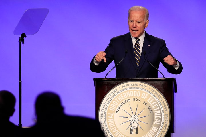 Former Vice President Joe Biden speaks at the International Brotherhood of Electrical Workers construction and maintenance conference in Washington, Friday, April 5, 2019.