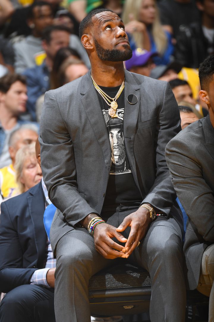 LeBron James at the Los Angeles Lakers vs. Golden State Warriors game on April 4 in Los Angeles, California.