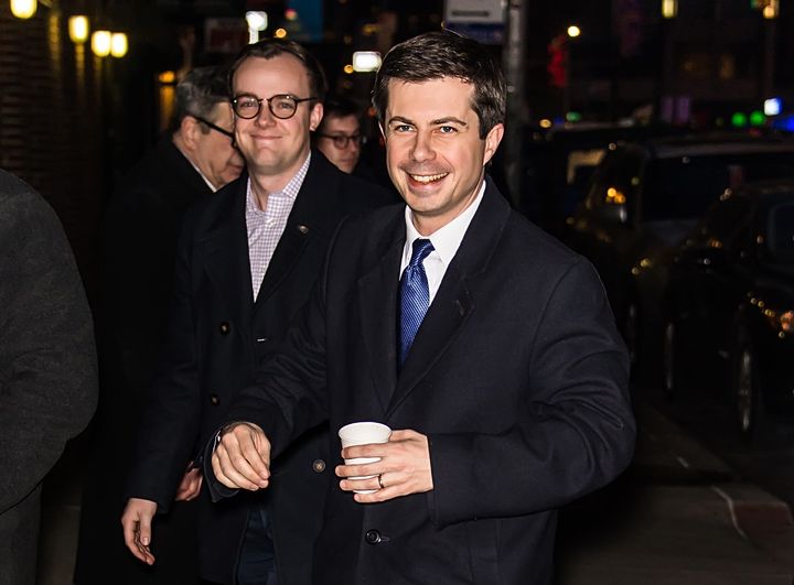 Pete Buttigieg (R) and husband Chasten Glezman, are seen arriving at "The Late Show With Stephen Colbert" at the Ed Sullivan Theater on Feb. 14, 2019, in New York City.
